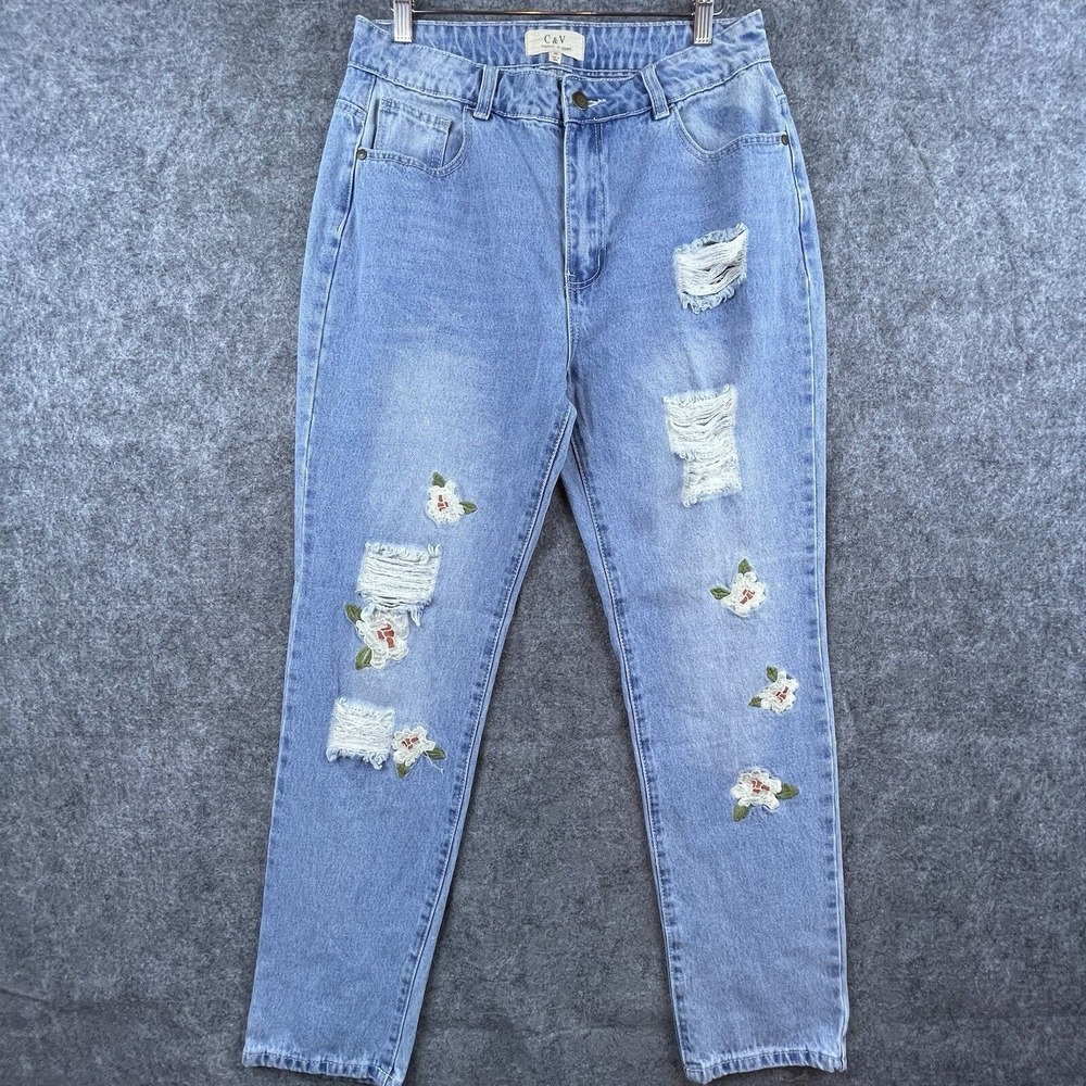 Chelsea & Violet Jeans Womens 30 Straight Embroidered Flowers Ripped Boho Hippie